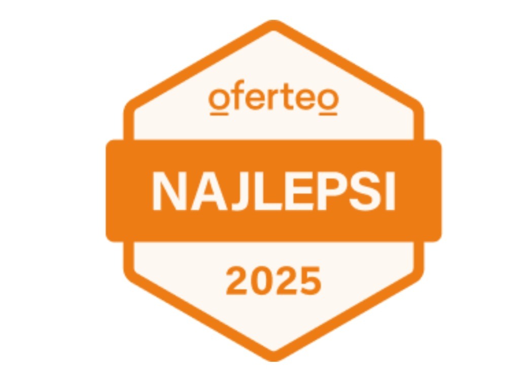 Pomarańczowa odznaka Oferteo 'Najlepsi 2025' na białym tle. Symbol wyróżnienia dla firm.