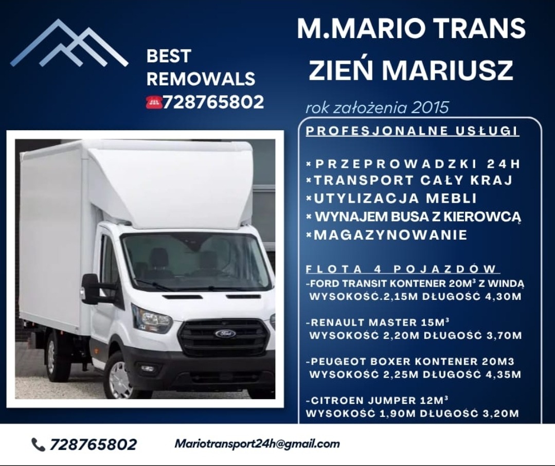 Ogłoszenie firmy M.Mario Trans: biały bus kontenerowy Ford Transit, oferta przeprowadzek 24h, transportu krajowego, utylizacji mebli, wynajmu busa i magazynowania.