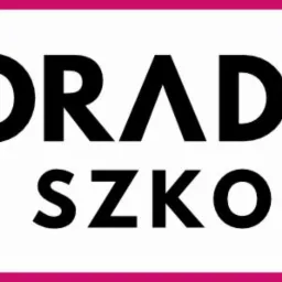 Logo firmy oferującej doradztwo i szkolenia, z abstrakcyjnym symbolem po lewej stronie i napisem 'DORADZTWO I SZKOLENIA' po prawej, całość w kolorach czarnym, białym i różowym.