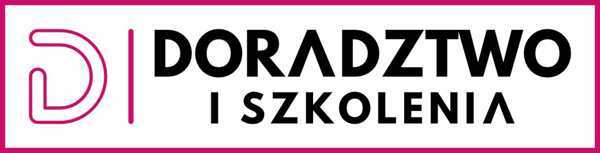 Logo firmy oferującej doradztwo i szkolenia, z abstrakcyjnym symbolem po lewej stronie i napisem 'DORADZTWO I SZKOLENIA' po prawej, całość w kolorach czarnym, białym i różowym.