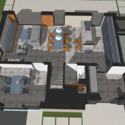 Rzut z góry na wizualizację 3D wnętrza domu z wyposażeniem, widoczne meble, schody, okna dachowe i fragment ogrodu.