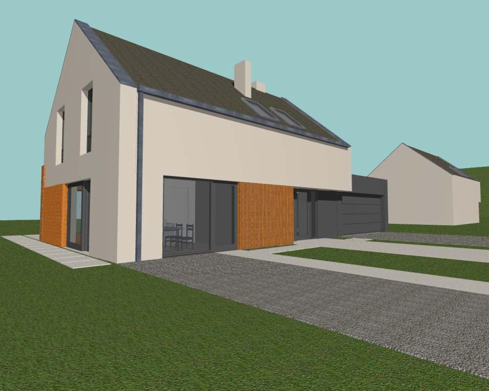 Wizualizacja 3D nowoczesnego domu jednorodzinnego z garażem, elewacja w odcieniach beżu z elementami drewnianymi, widok z perspektywy żabiej, na tle błękitnego nieba.