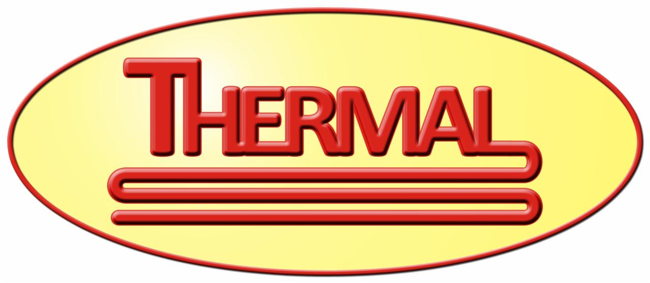 Logo firmy Thermal z Piaseczna przedstawiające czerwony napis 'Thermal' nad trzema poziomymi liniami, umieszczone na żółtym owalnym tle z czerwoną obwódką.