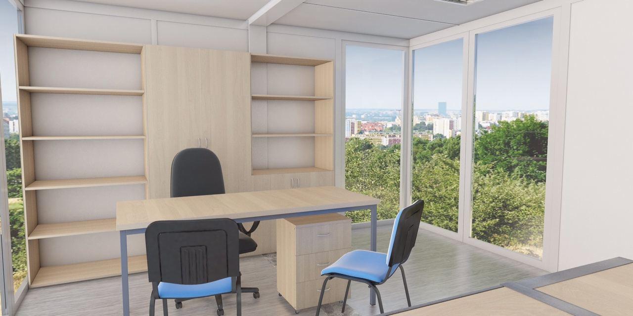 Wizualizacja biura z jasnymi meblami: biurko z szufladami, krzesła biurowe i regał w zabudowie, widok na miasto przez duże okna.
