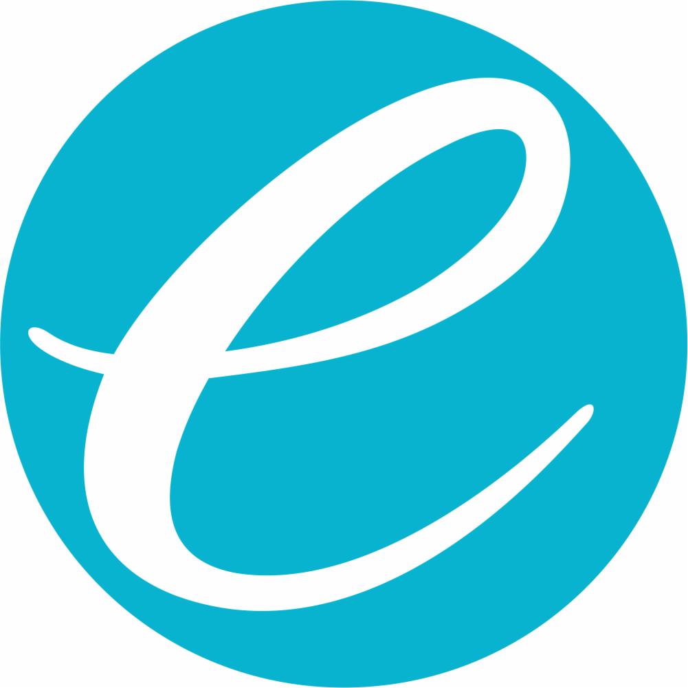 Biała litera 'e' w kursywie umieszczona wewnątrz jasnoniebieskiego okręgu.