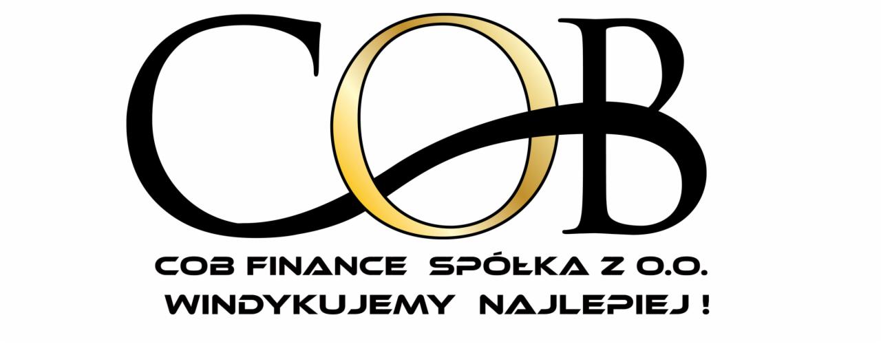 Logo firmy COB Finance Spółka z O.O. z hasłem 'Windykujemy Najlepiej!', litera O w kolorze złotym.