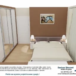 Wizualizacja sypialni z łóżkiem, szafkami nocnymi, lampkami, obrazem z motywem koni i przesuwną szafą z lustrzanymi drzwiami.