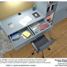 Wizualizacja pokoju nastolatka z biurkiem i szafą na wymiar w odcieniach szarości, z ryflowanymi frontami szuflad i szafki pod telewizor, uzupełnionego o osłonę grzejnika.