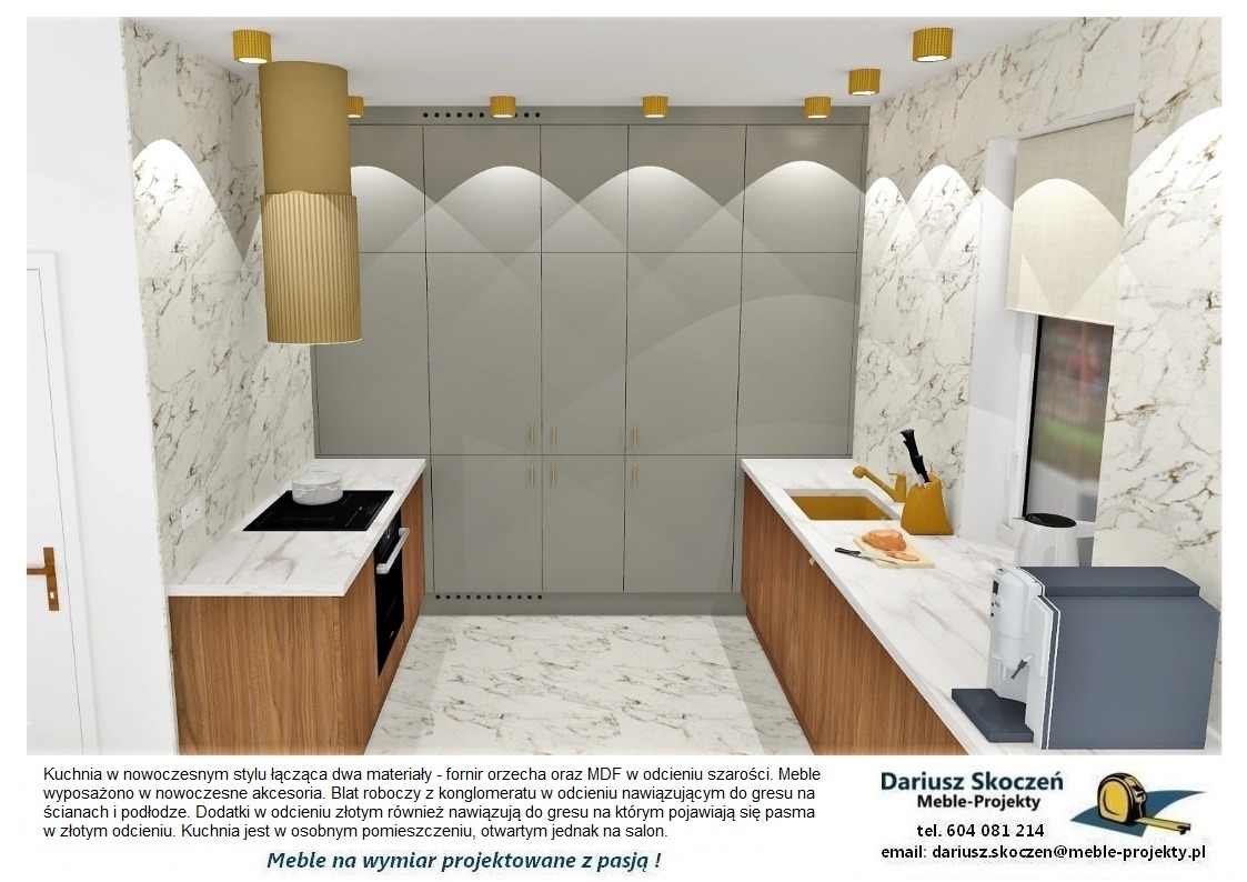 Wizualizacja nowoczesnej kuchni z fornirem orzechowym i szarym MDF, blat z konglomeratu, złote akcenty oświetleniowe i dodatki, marmurowe płytki na ścianach i podłodze.