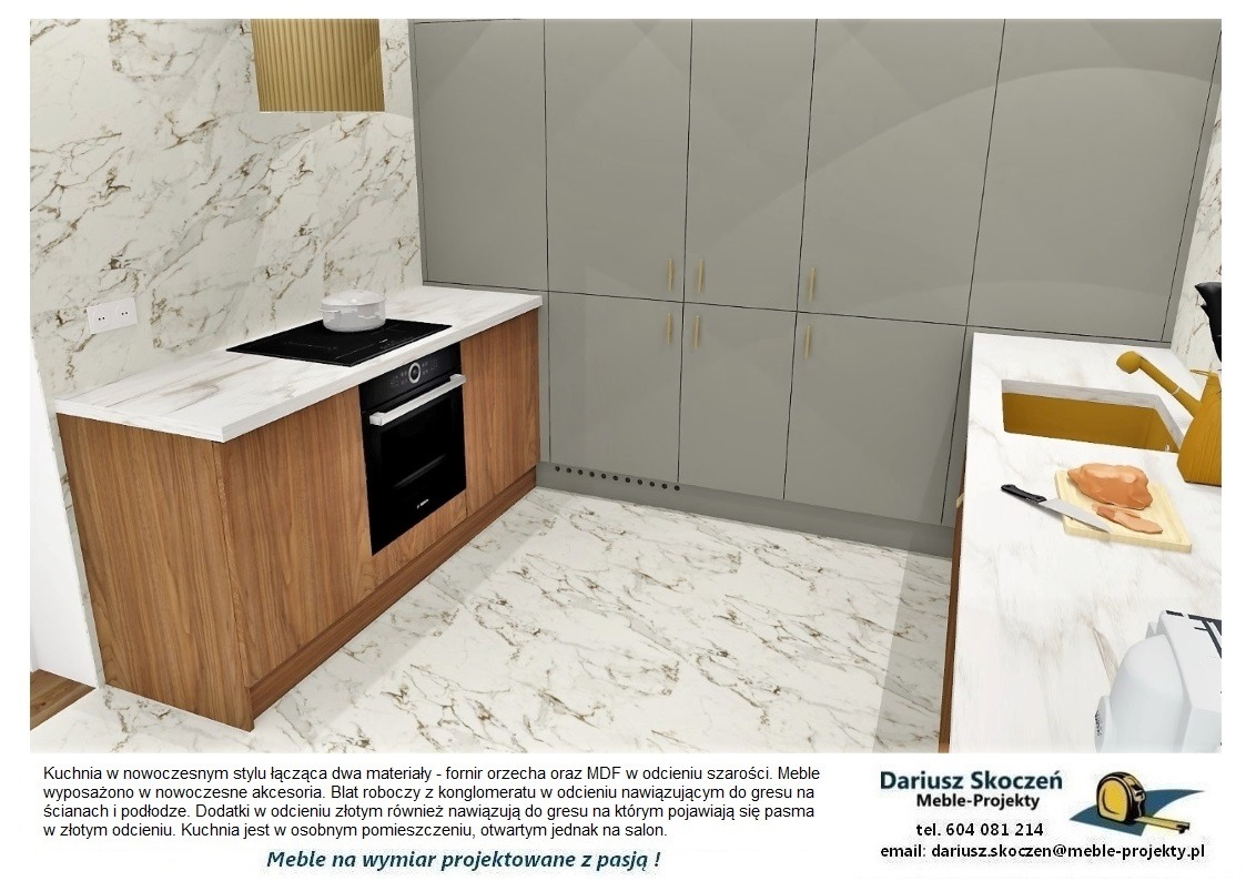 Wizualizacja kuchni z drewnianymi szafkami dolnymi i szarymi górnymi, marmurowy blat i podłoga, czarna płyta indukcyjna z garnkiem, złote akcenty, nowoczesny styl.