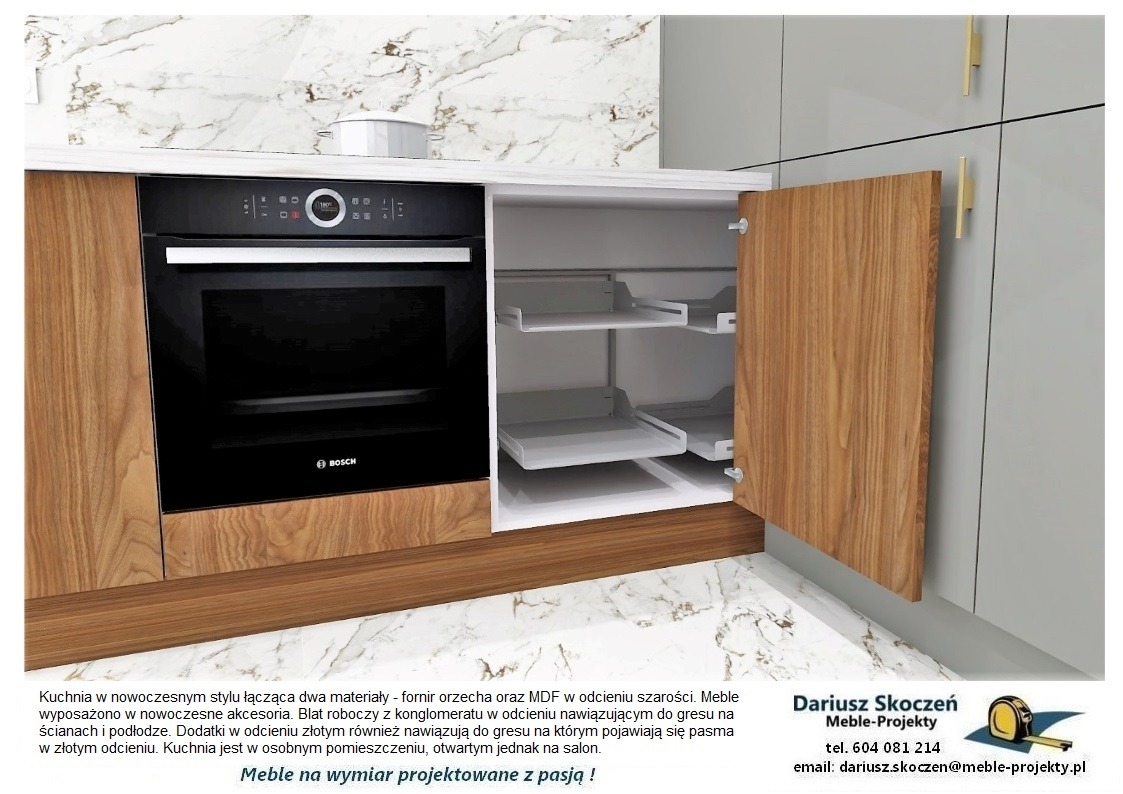 Nowoczesna kuchnia z fornirem orzechowym i szarym MDF, wyposażona w piekarnik Bosch i wysuwane półki w szafce, blat z konglomeratu w odcieniach szarości, złote akcenty i oświetlenie.