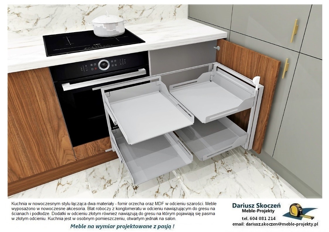 Nowoczesna kuchnia z wysuwanymi, metalowymi półkami cargo, fornir orzechowy i szare fronty, blat z konglomeratu imitującego marmur, widoczny piekarnik i płyta indukcyjna, złote uchwyty.