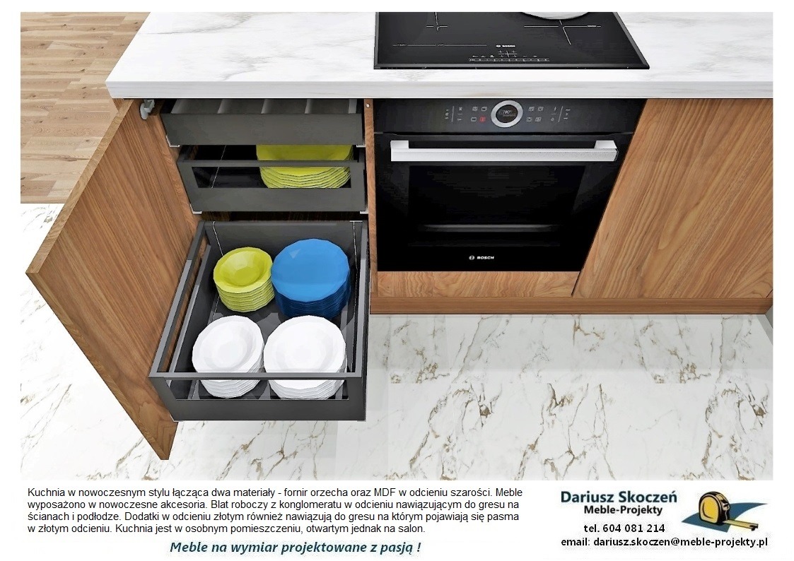 Nowoczesna kuchnia z drewnianymi frontami, wysuwane szuflady z talerzami w kolorach białym, niebieskim i żółtym, piekarnik Bosch w zabudowie, blat z marmurowym wzorem.