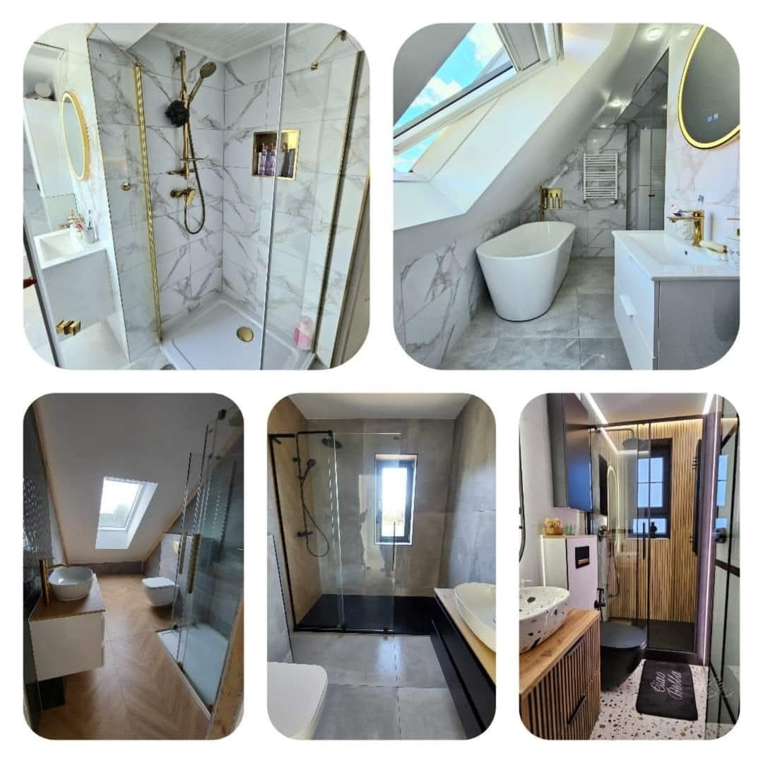 Kompozycja pięciu zdjęć przedstawiających różne aranżacje łazienek: kabina prysznicowa z elementami w kolorze złotym i marmurowymi płytkami, wolnostojąca wanna pod oknem dachowym, umywalka z szafką...