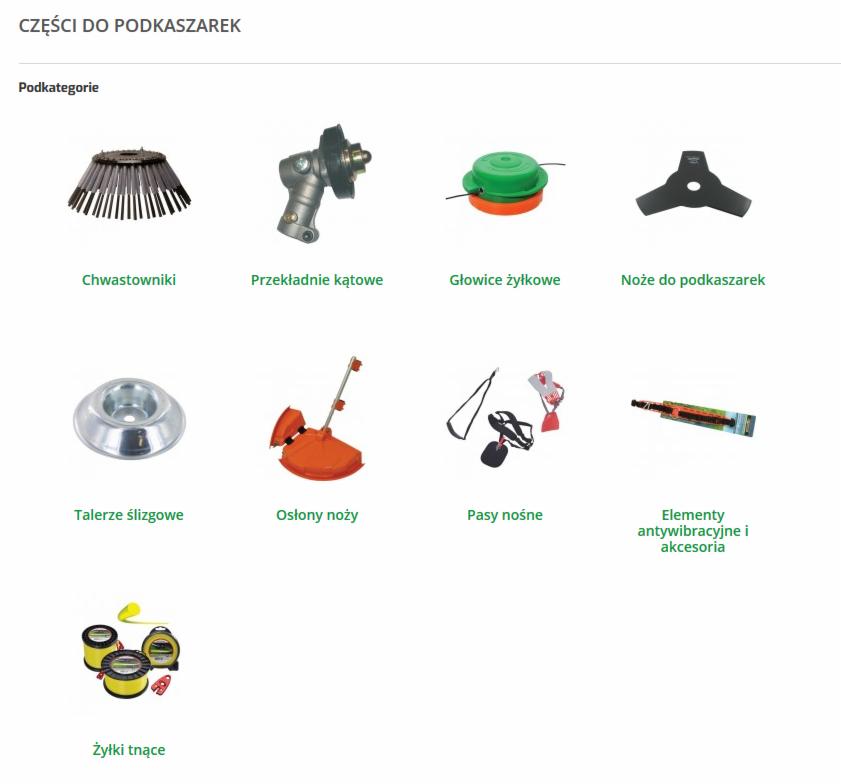 Katalog części zamiennych do podkaszarek: chwastowniki, przekładnie kątowe, głowice żyłkowe, noże, talerze ślizgowe, osłony noży, pasy nośne, elementy antywibracyjne i żyłki tnące.