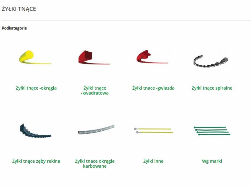 Przekrój różnych rodzajów żyłek tnących do kos spalinowych: okrągła, kwadratowa, gwiazda, spiralna, zęby rekina, okrągła karbowana, inne, wg marki.
