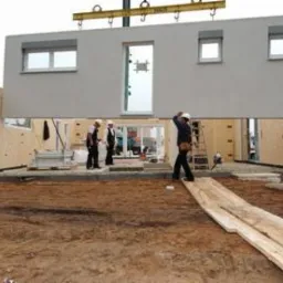 Montaż modułu domu szkieletowego za pomocą dźwigu; widoczni pracownicy w kaskach, przygotowany fundament i drewniane elementy konstrukcyjne.