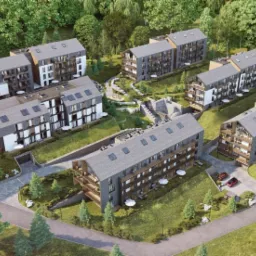 Wizualizacja osiedla apartamentowców w stylu górskim, z szarymi dachami i drewnianymi balkonami, wkomponowanego w zielony krajobraz z drzewami i trawnikami, z widocznymi dwoma samochodami na parkingu.