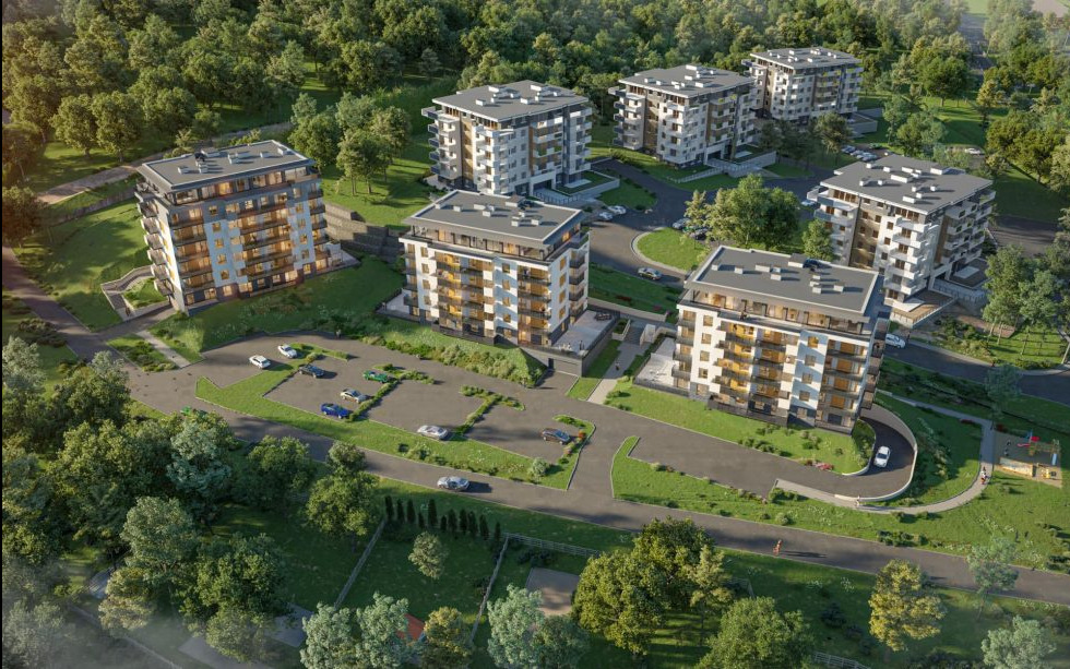 Wizualizacja osiedla mieszkaniowego z kilkoma nowoczesnymi, wielopiętrowymi budynkami apartamentowymi, otoczonymi zielenią i parkingami z samochodami, z lotu ptaka.
