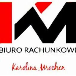 Logo biura rachunkowego w Katowicach: czarna litera 'M' z czerwonym akcentem, napis 'BIURO RACHUNKOWE' oraz odręczny podpis 'Karolina Mrochen'.