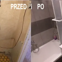Porównanie stanu łazienki przed i po: stara armatura i odpadająca tapeta kontra nowoczesne szare płytki, biała umywalka z szafką i kabina prysznicowa.