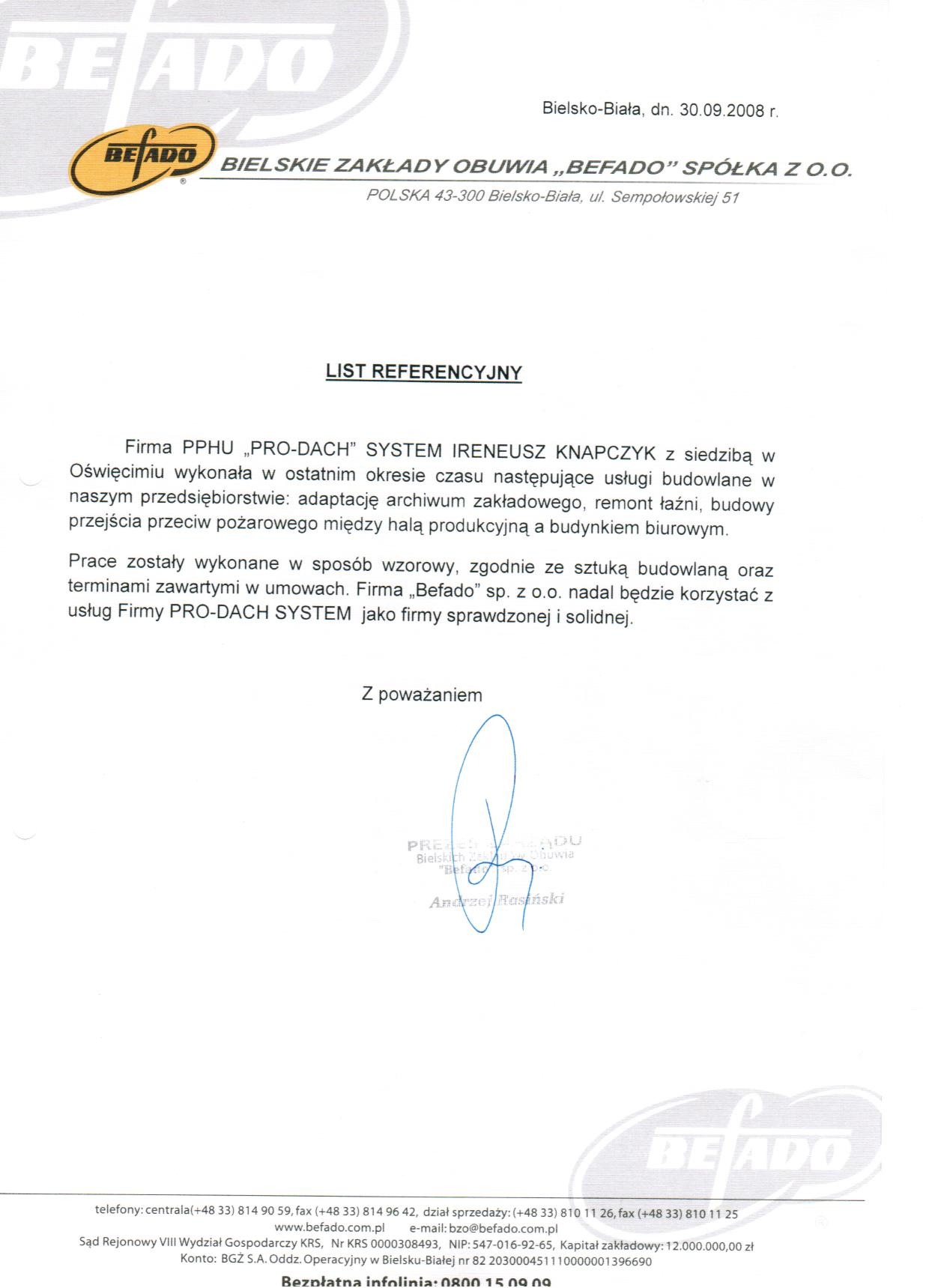Skan listu referencyjnego dla firmy PRO-DACH SYSTEM od Bielskich Zakładów Obuwia Befado, potwierdzającego wykonanie usług budowlanych, w tym adaptacji archiwum, remontu łaźni i budowy przejścia...