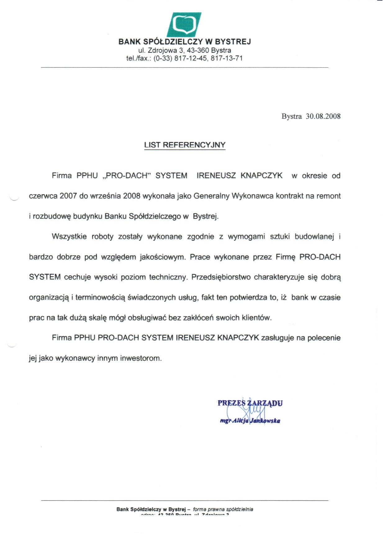 Skan listu referencyjnego dla firmy PPHU PRO-DACH SYSTEM IRENEUSZ KNAPCZYK od Banku Spółdzielczego w Bystrej, potwierdzający wykonanie remontu i rozbudowy budynku banku w latach 2007-2008.