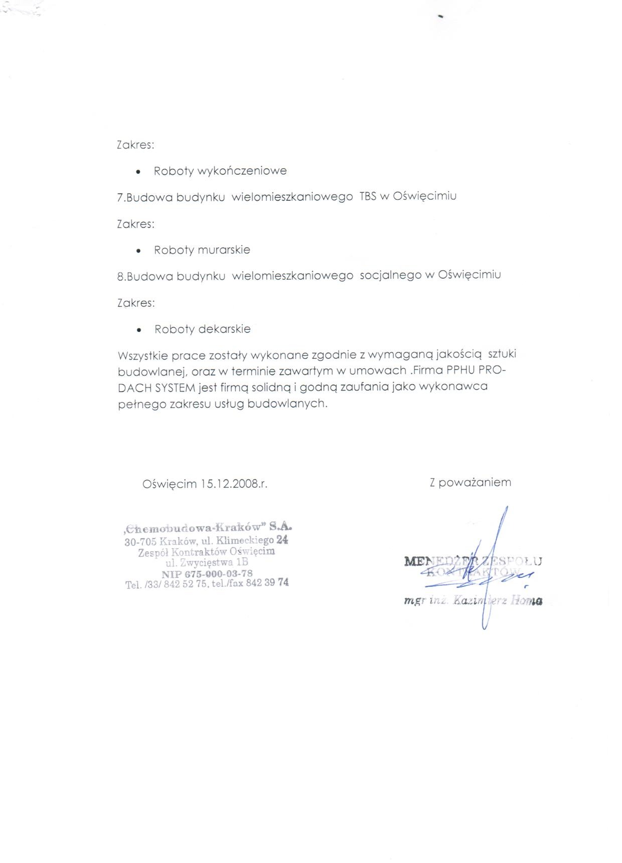 Skan dokumentu z zakresem robót wykończeniowych, murarskich i dekarskich dla budowy wielomieszkaniowej TBS w Oświęcimiu, z referencjami dla firmy PPHU PRO-DACH SYSTEM i podpisem mgr inż. Kazimierza...