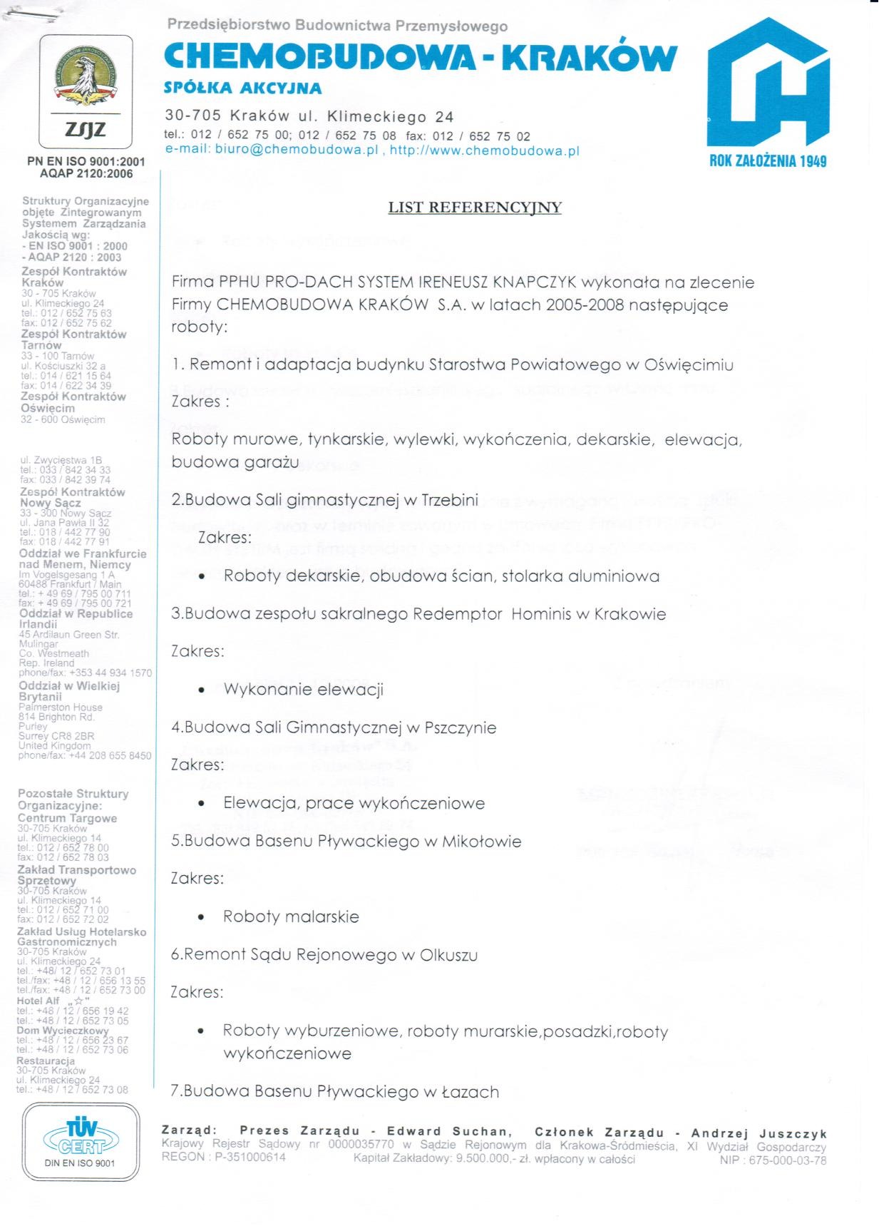 Skan dokumentu referencyjnego firmy Chemobudowa-Kraków, wymieniający realizowane projekty budowlane i remontowe, w tym remont Starostwa Powiatowego, budowę sali gimnastycznej oraz basenów pływackich.