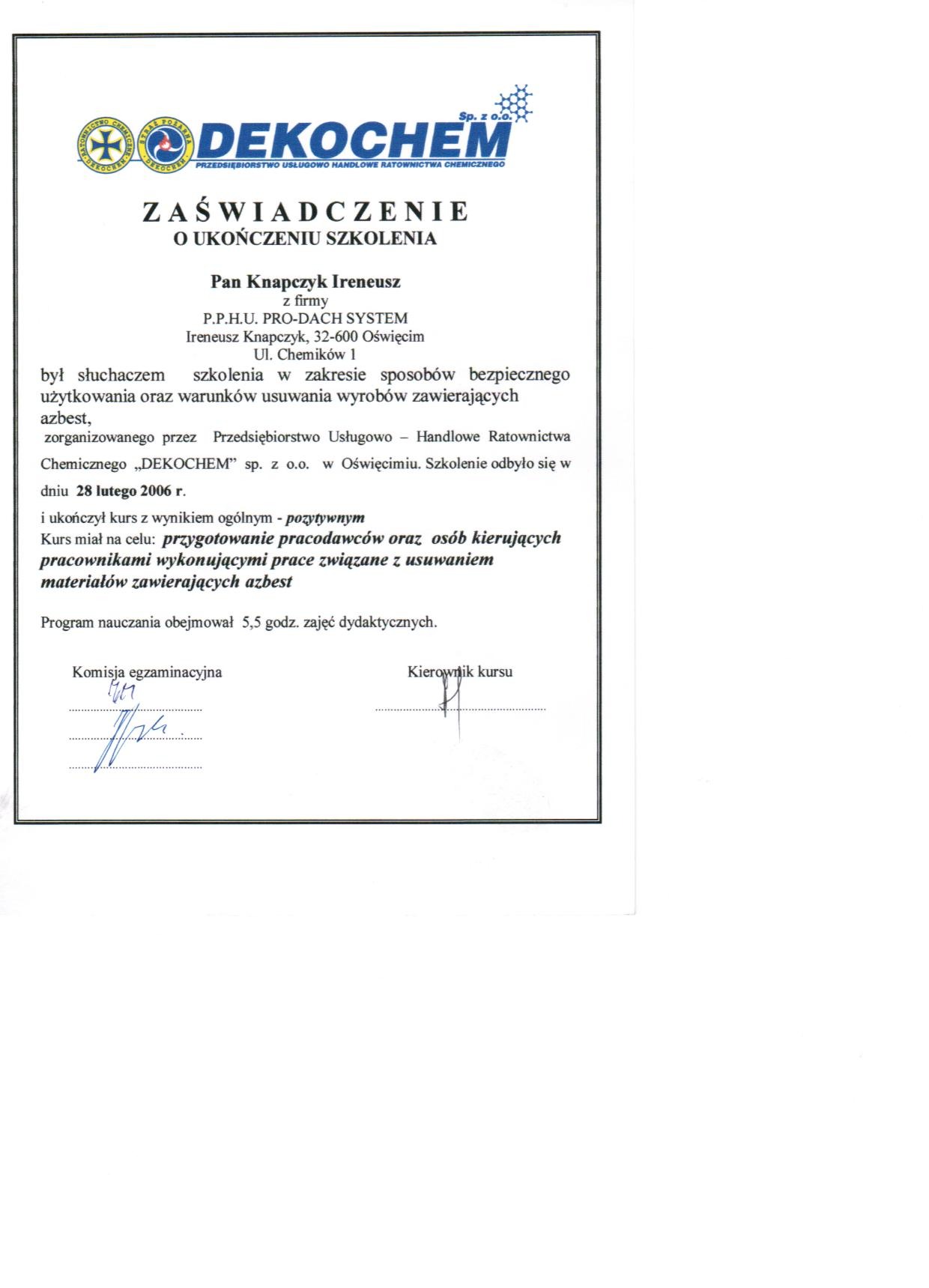 Skan zaświadczenia o ukończeniu szkolenia z zakresu bezpiecznego użytkowania i warunków usuwania wyrobów zawierających azbest, wydanego przez Przedsiębiorstwo Usługowo-Handlowe Ratownictwa...