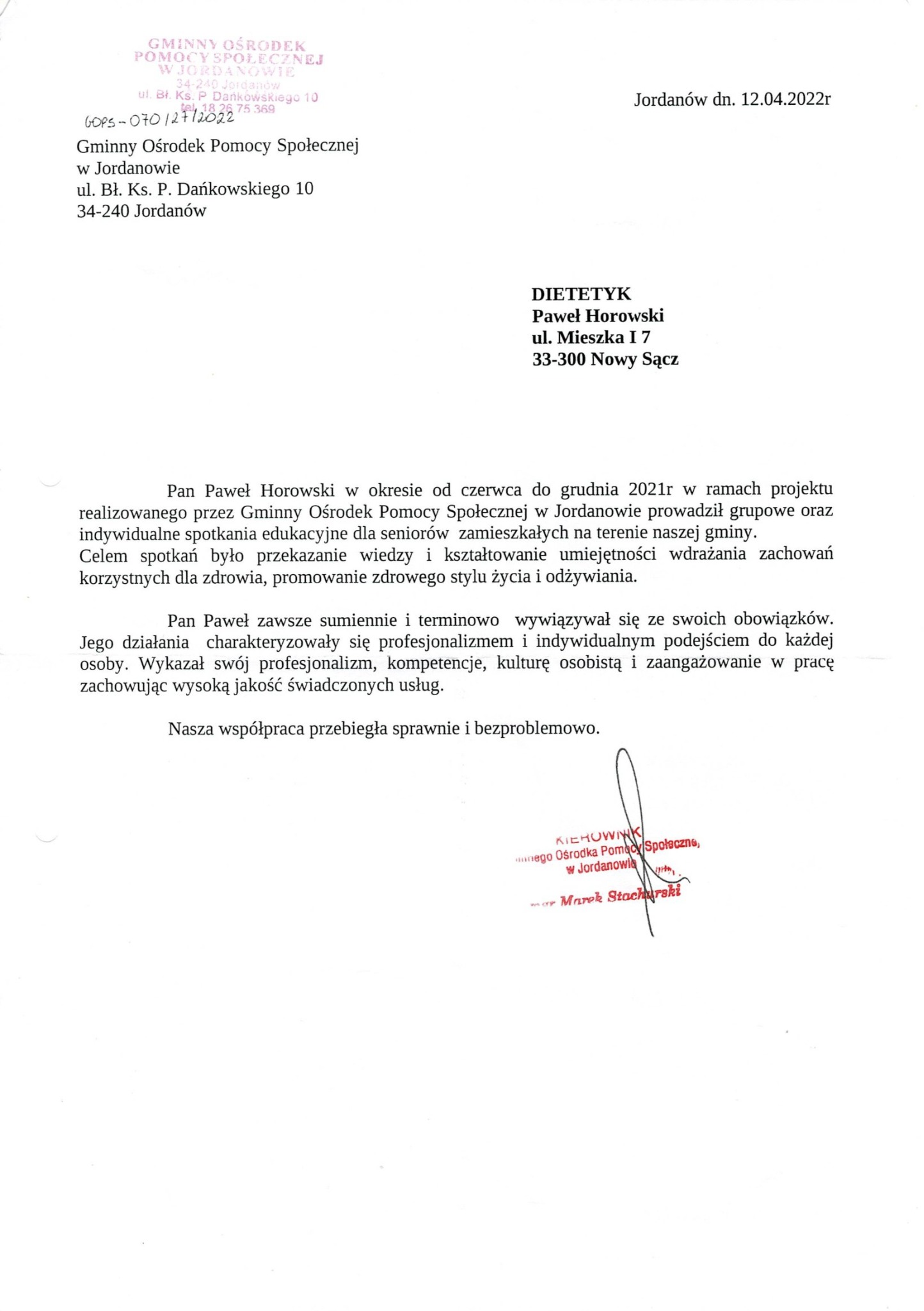 Skan referencji dla dietetyka Pawła Horowskiego, wystawionych przez Gminny Ośrodek Pomocy Społecznej w Jordanowie, datowane na 12.04.2022, z podpisem i pieczęcią kierownika.