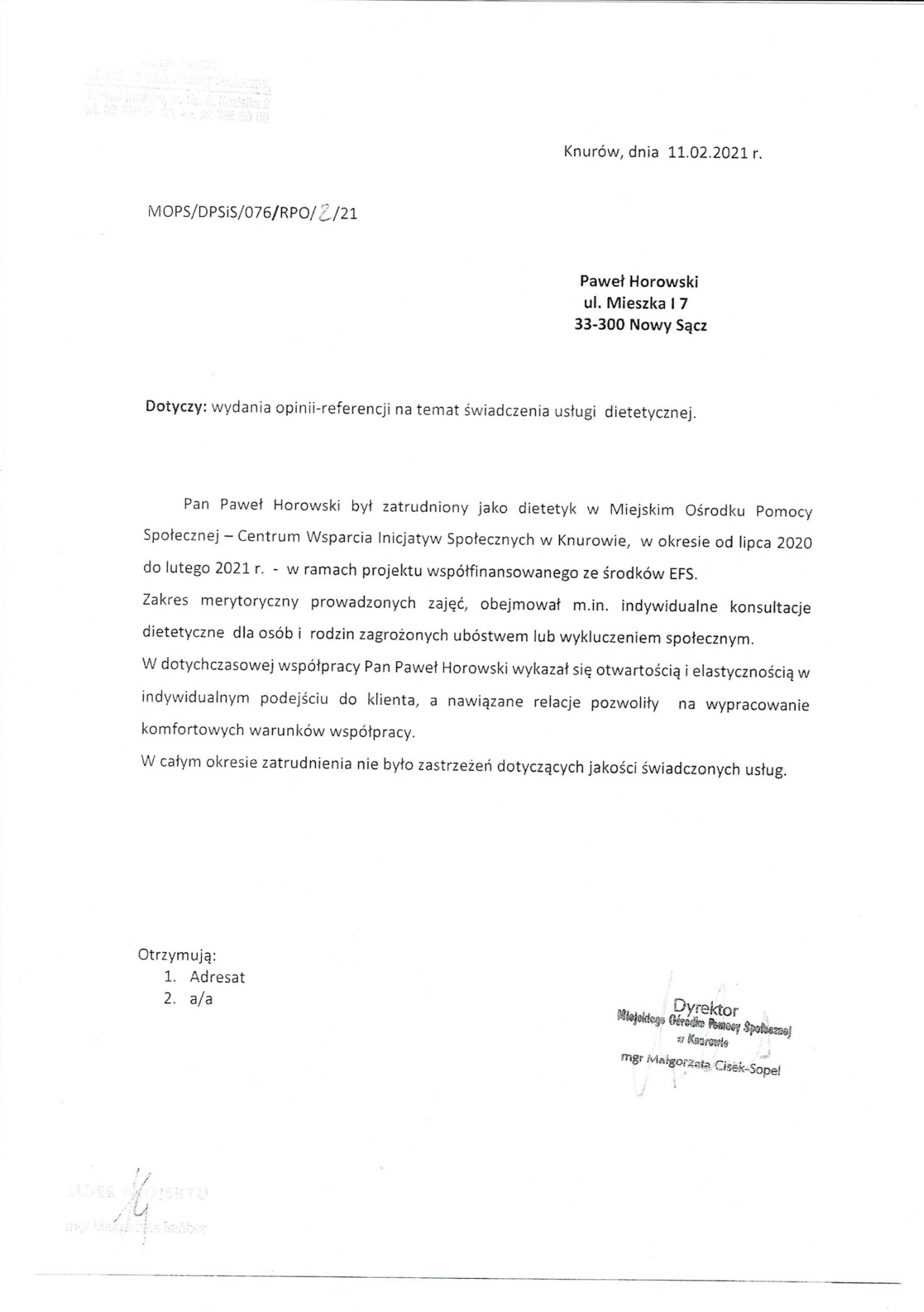 Skan referencji dla dietetyka Pawła Horowskiego z Miejskiego Ośrodka Pomocy Społecznej w Knurowie, potwierdzający zatrudnienie i zakres obowiązków obejmujący konsultacje dietetyczne.
