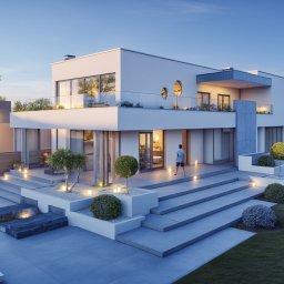 Adrian Kobza AKARCHITEKCI pracownia projektowa - Wizualizacja nowoczesnego, dwukondygnacyjnego domu z płaskim dachem, dużymi przeszkleniami i tarasem. Osoba w tle. Uwagę zwracają okrągłe okna na piętrze.