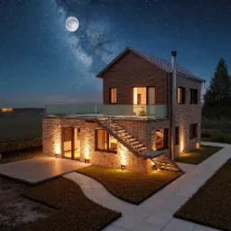 Dwukondygnacyjny dom z cegły i drewna z tarasem widokowym pod rozgwieżdżonym niebem, oświetlony ciepłym światłem. Schody prowadzą na taras. Widoczny krajobraz.