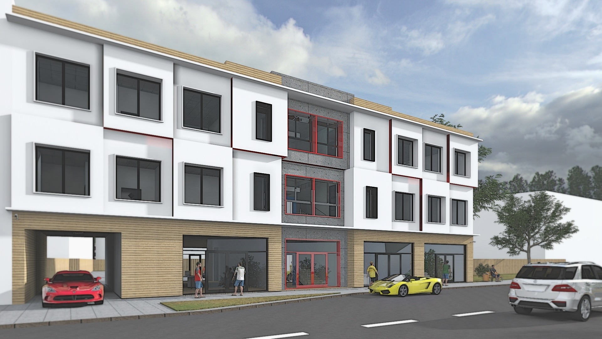 Wizualizacja trzykondygnacyjnego budynku usługowo-mieszkalnego z garażem, prezentująca nowoczesną architekturę z białymi ścianami, szarymi akcentami i czerwonymi obramowaniami okien na środkowej...