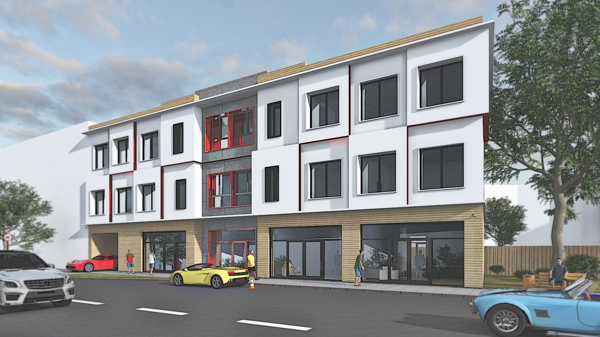 Wizualizacja 3D dwupiętrowego budynku usługowo-mieszkalnego z płaskim dachem, elewacją w kolorze białym i szarym, z dużymi oknami, drewnianym wykończeniem parteru i zaparkowanymi na ulicy...