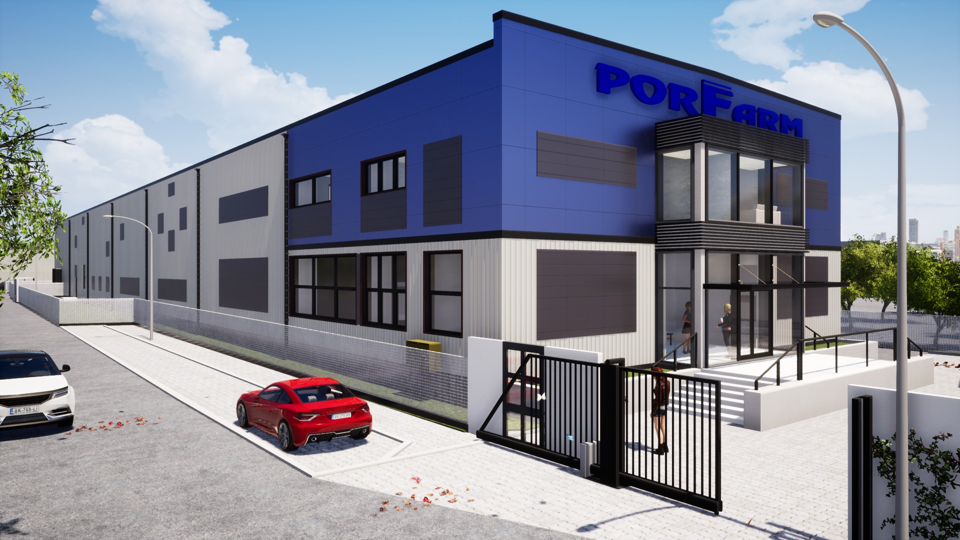 Wizualizacja budynku usługowego PORFarm w kolorach niebieskim i szarym, z nowoczesną fasadą, szklanym wejściem i dwoma samochodami na podjeździe.