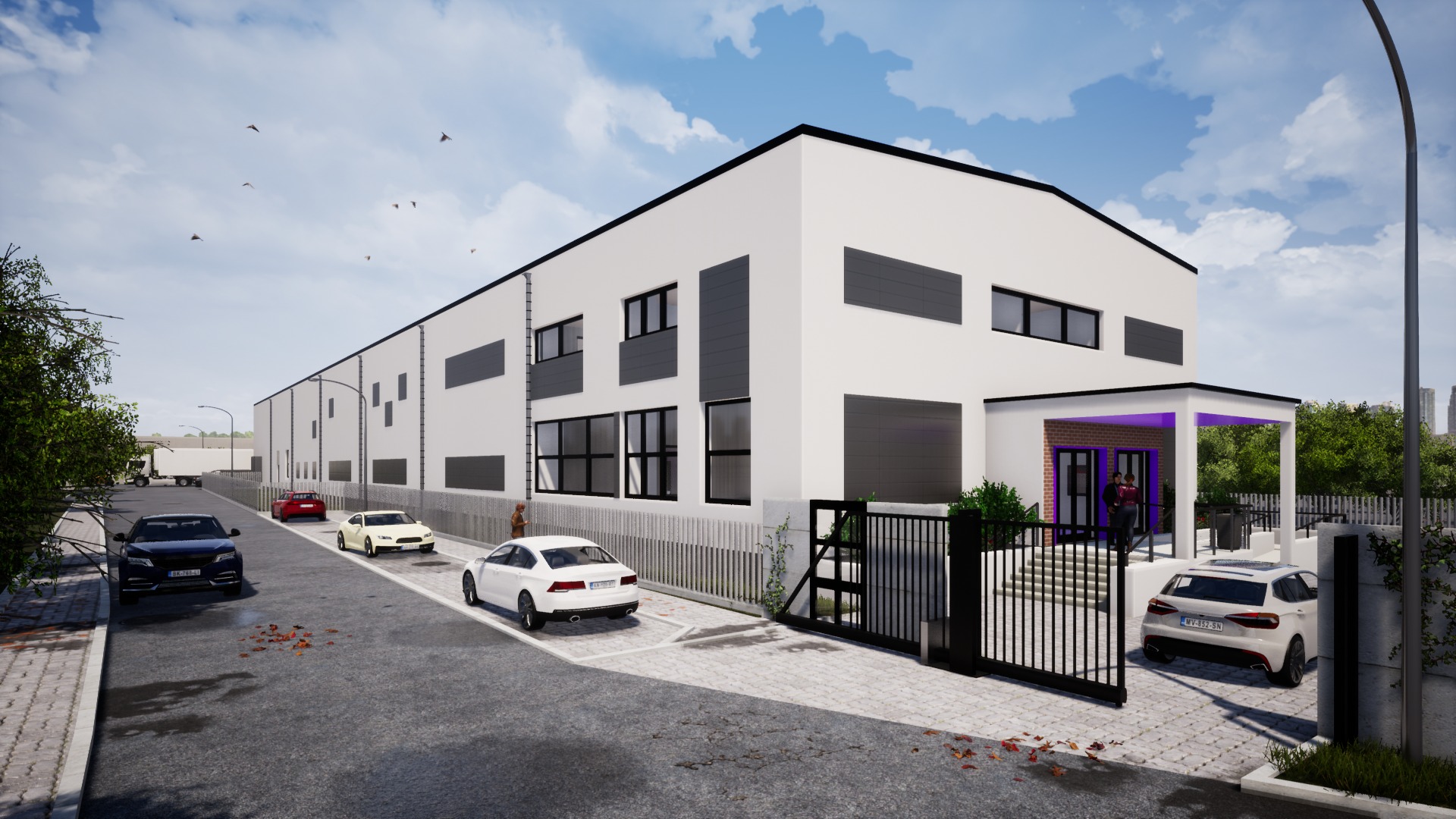 Wizualizacja budynku usługowego z parkingiem w Radomiu, prezentująca nowoczesną architekturę z białymi ścianami i szarymi akcentami, widoczna brama wjazdowa i kilka zaparkowanych samochodów.