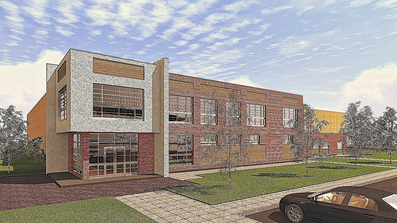 Wizualizacja budynku usługowego z elewacją z czerwonej cegły i białego tynku, z dużymi oknami i czarnym samochodem na pierwszym planie.