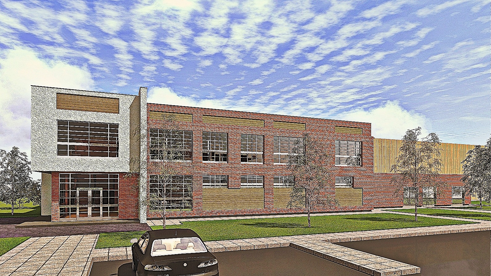 Wizualizacja budynku usługowego z czerwonej cegły, z dużymi oknami i elementami drewnianymi, na tle błękitnego nieba z chmurami, z zaparkowanym samochodem.