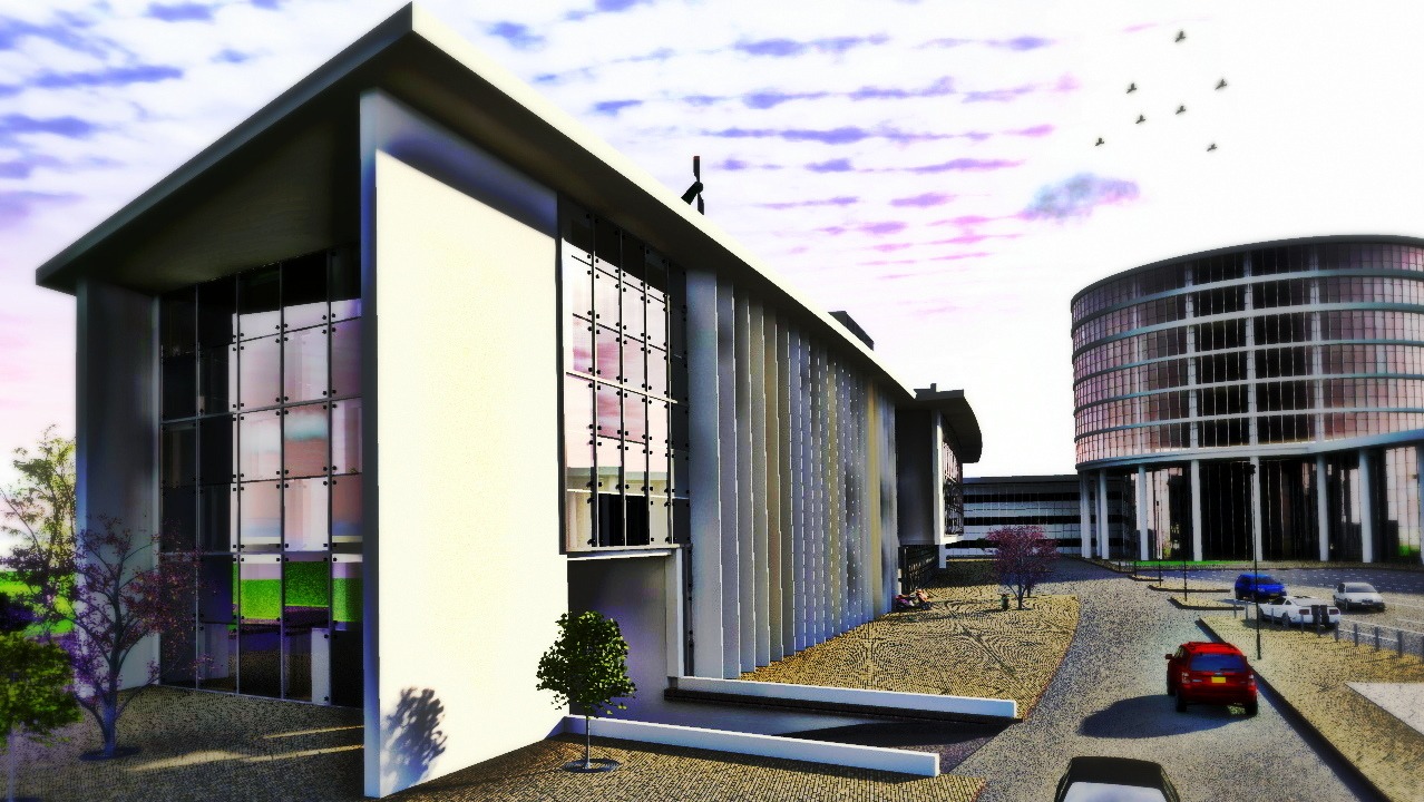 Wizualizacja budynku usługowego z nowoczesną fasadą, widok z zewnątrz na przeszkloną elewację i cylindryczny budynek w tle, samochody na drodze.