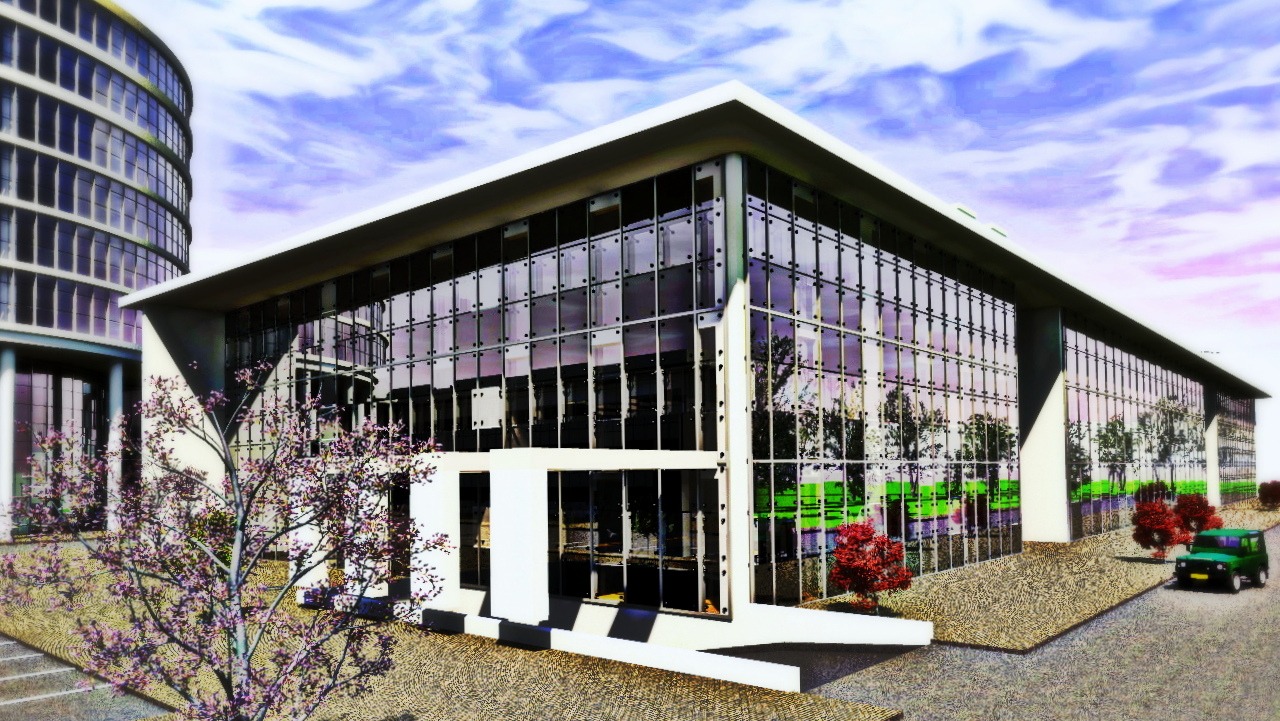 Wizualizacja nowoczesnego budynku usługowego z przeszkloną fasadą i elementami białej architektury, w tle okrągły budynek biurowy i kwitnące drzewo wiśni.