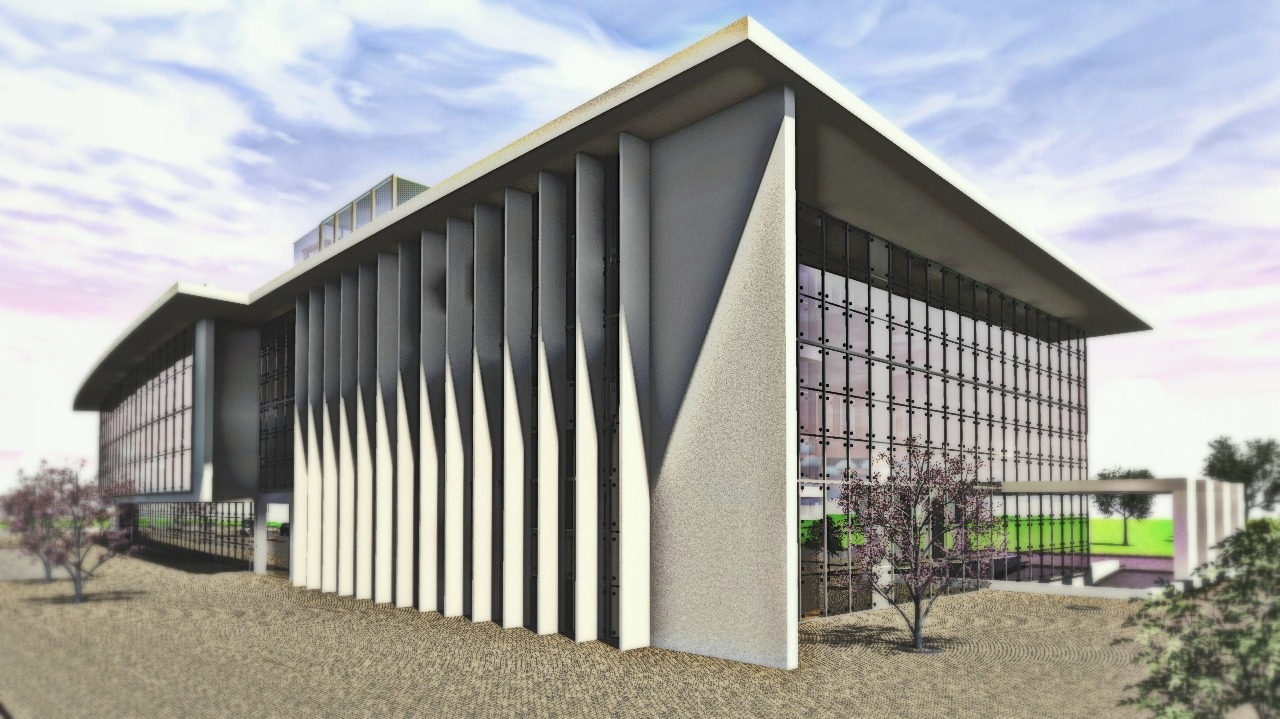 Wizualizacja budynku usługowego z charakterystycznymi pionowymi elementami fasady i przeszklonymi ścianami, otoczonego brukowanym terenem i zielenią.