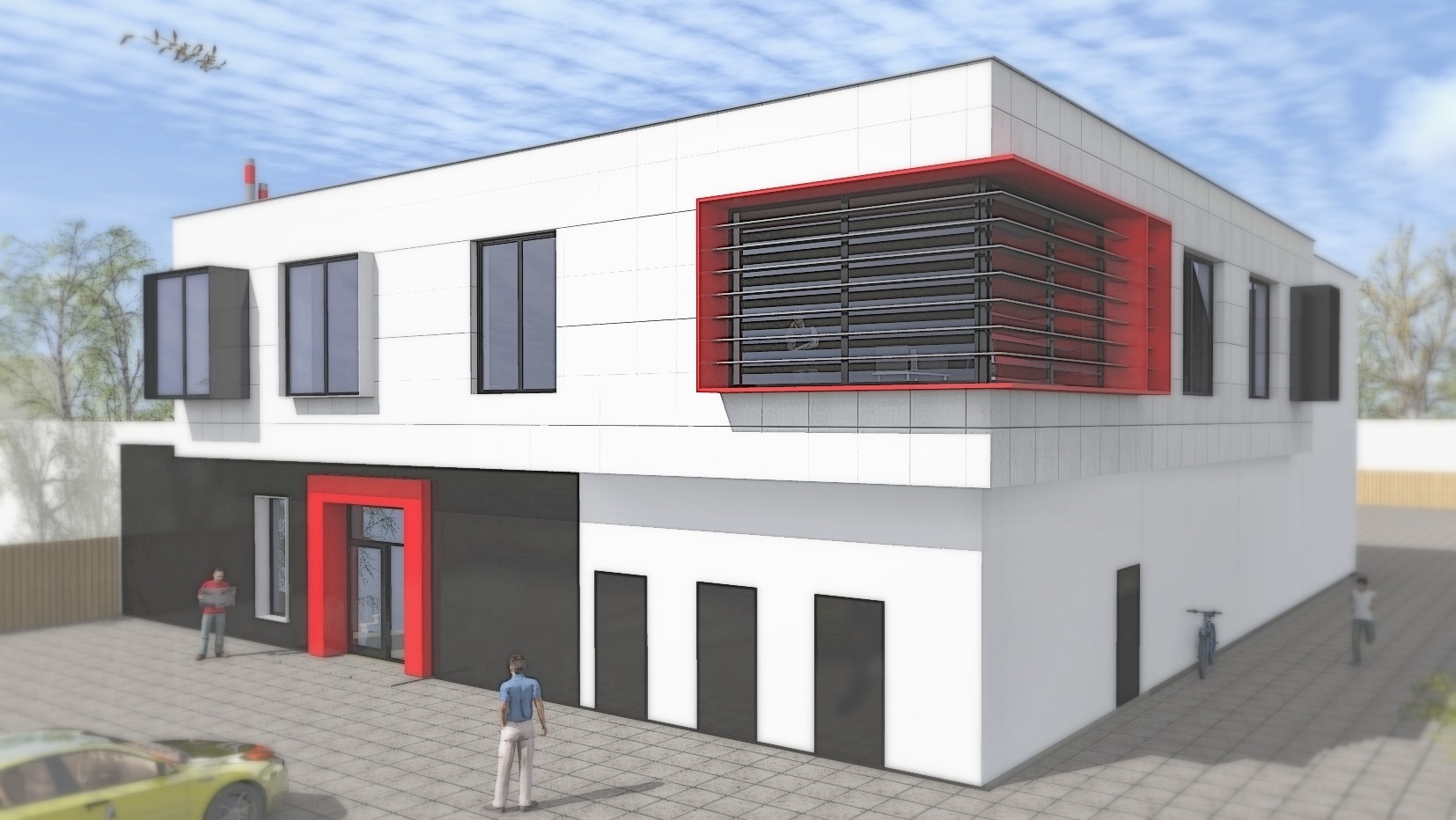 Wizualizacja dwukondygnacyjnego budynku usługowego z elementami czerwieni, prezentująca nowoczesną architekturę z wyraźnymi liniami i minimalistycznym stylem.
