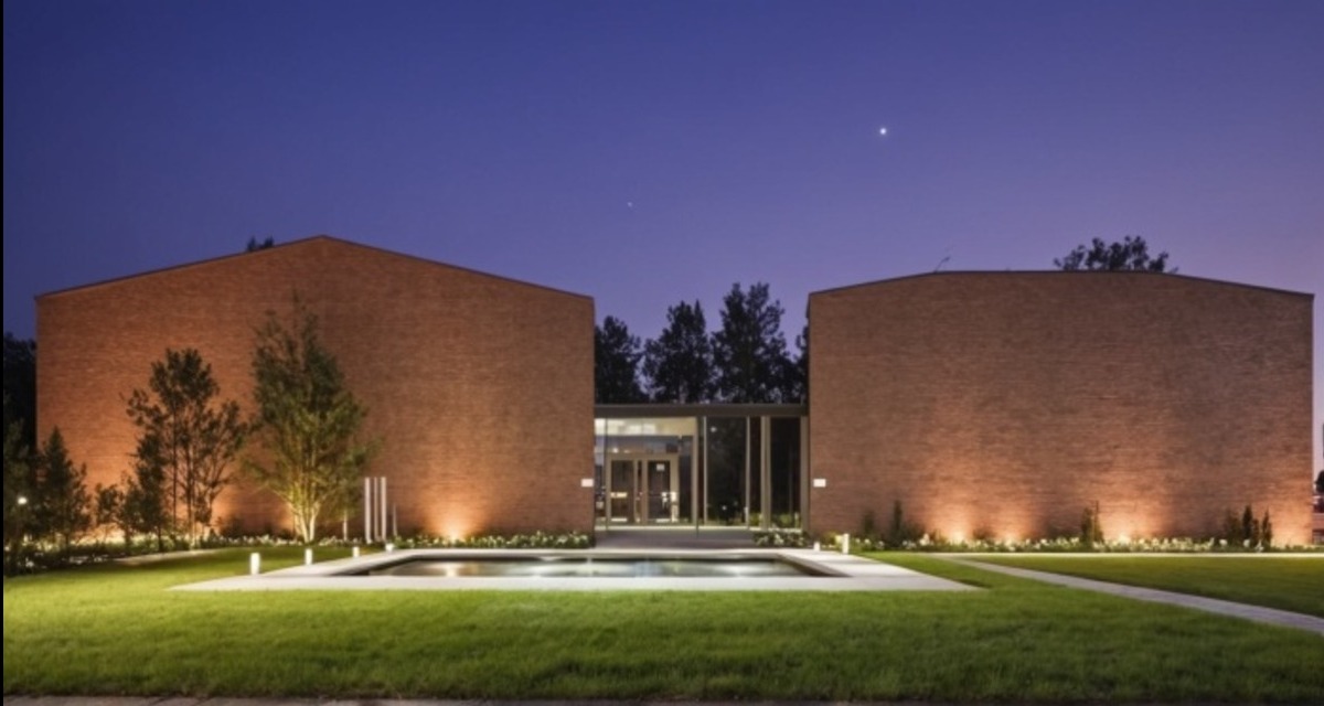 Nowoczesny budynek użyteczności publicznej z cegły, oświetlony punktowo, z minimalistycznym dziedzińcem wodnym i zadbanym trawnikiem, sfotografowany o zmierzchu.