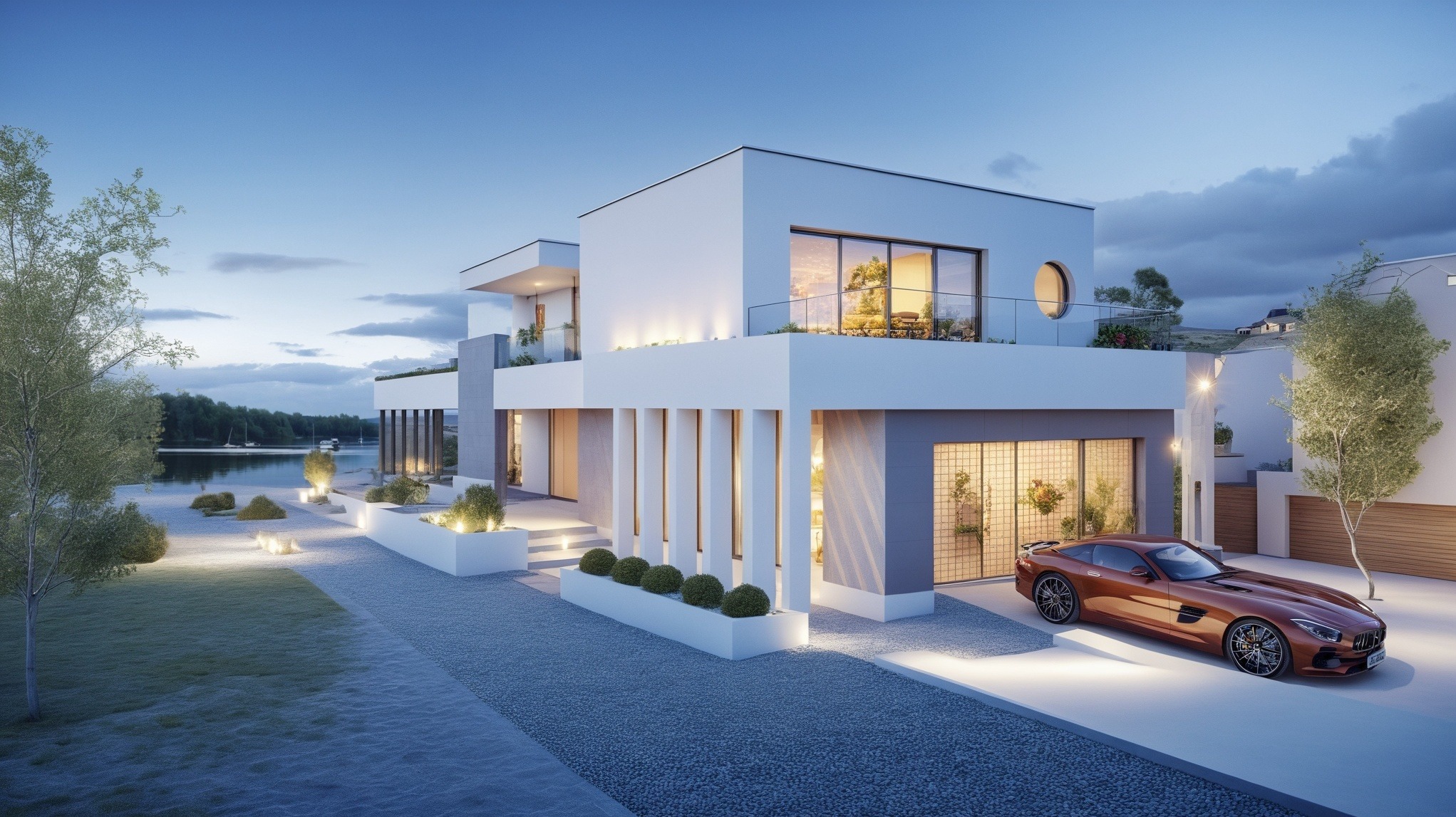 Elegancki, dwukondygnacyjny dom z płaskim dachem w stylu modernistycznym, z garażem i brązowym sportowym samochodem na tle jeziora o zmierzchu. Oświetlenie podkreśla detale.