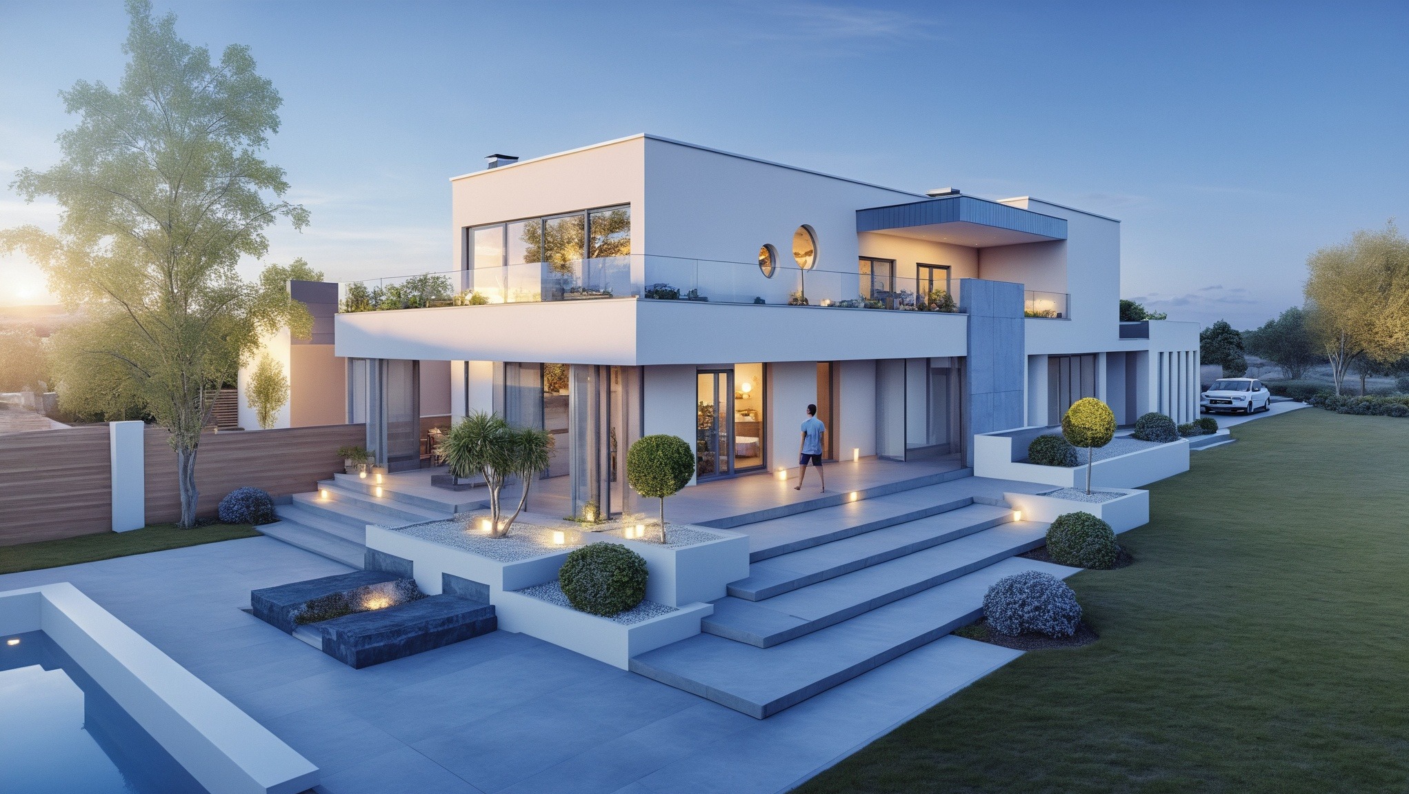 Wizualizacja nowoczesnego, dwukondygnacyjnego domu z płaskim dachem, dużymi przeszkleniami i tarasem. Osoba w tle. Uwagę zwracają okrągłe okna na piętrze.