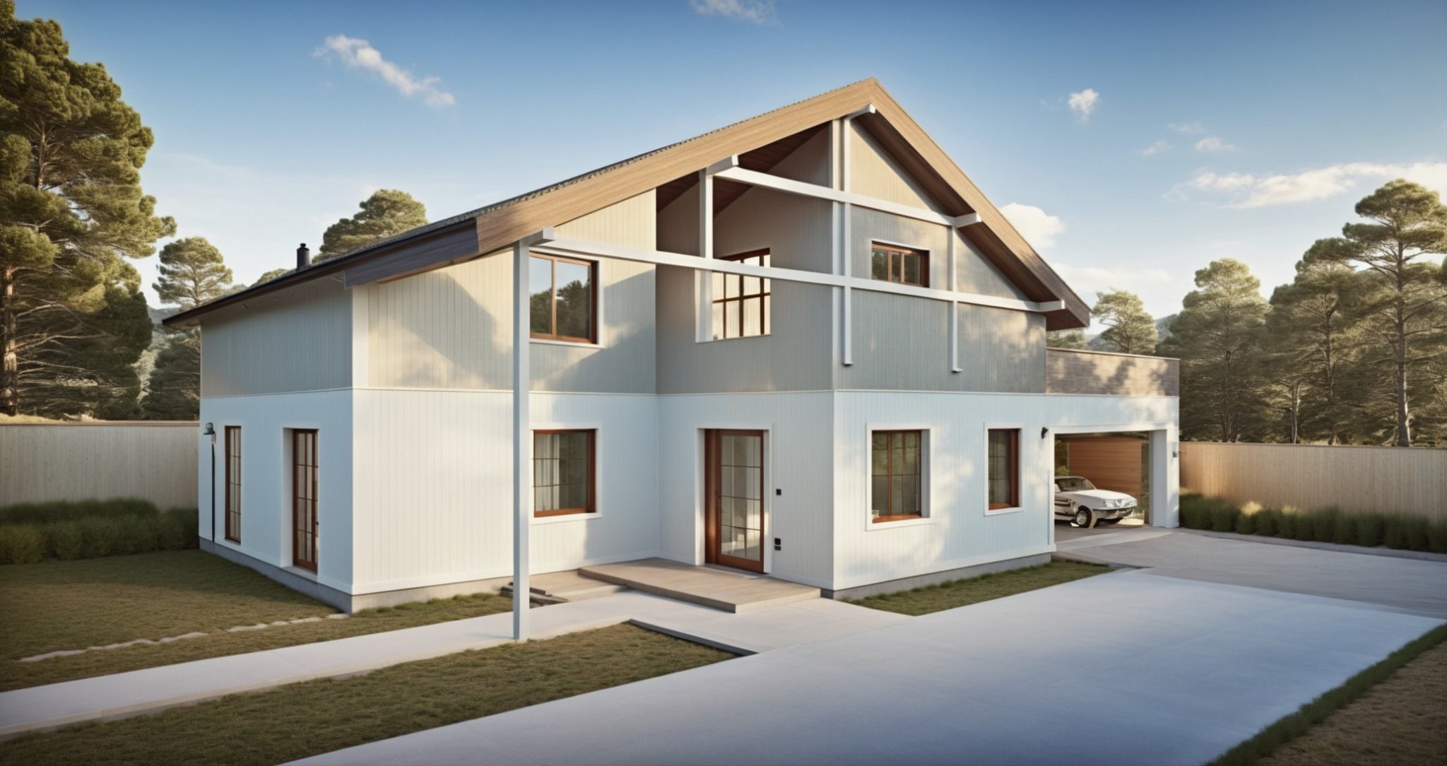 Projekt rozbudowy domu jednorodzinnego z garażem, widok z zewnątrz, jasna elewacja z drewnianymi oknami, nowoczesny styl, otoczenie zieleni, błękitne niebo.