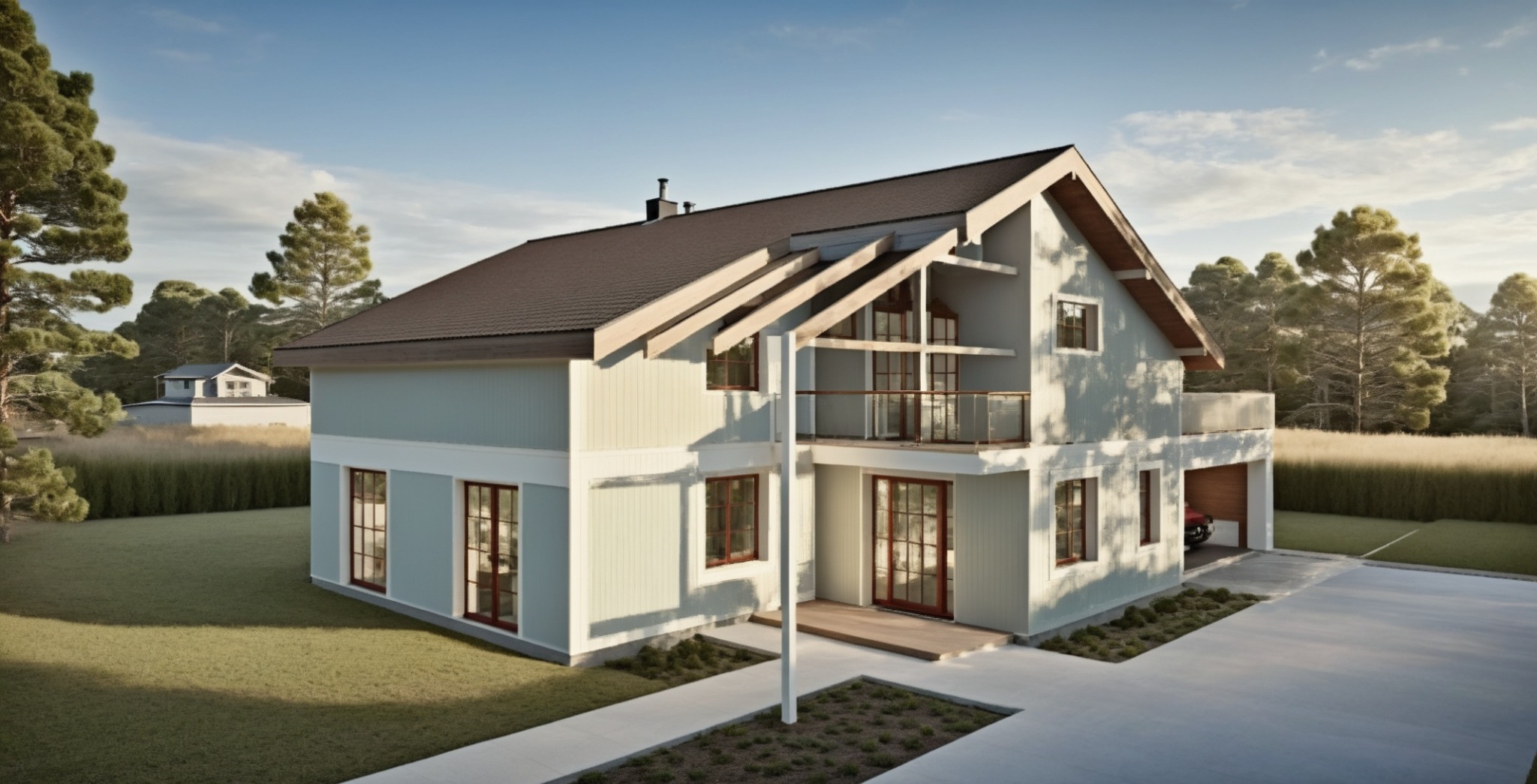 Wizualizacja domu jednorodzinnego z balkonem i garażem, otoczonego zielenią. Jasna elewacja z drewnianymi detalami, brązowy dach. Projekt w stylu nowoczesnej stodoły.