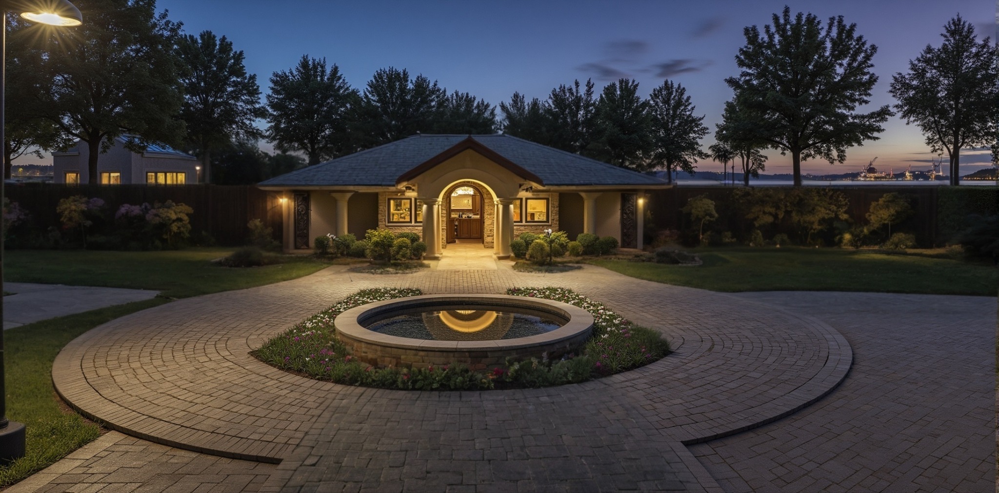 Dworek w stylu rustykalnym z okrągłym podjazdem i fontanną, oświetlony lampami, w tle widok na port. Projekt indywidualny domu jednorodzinnego.